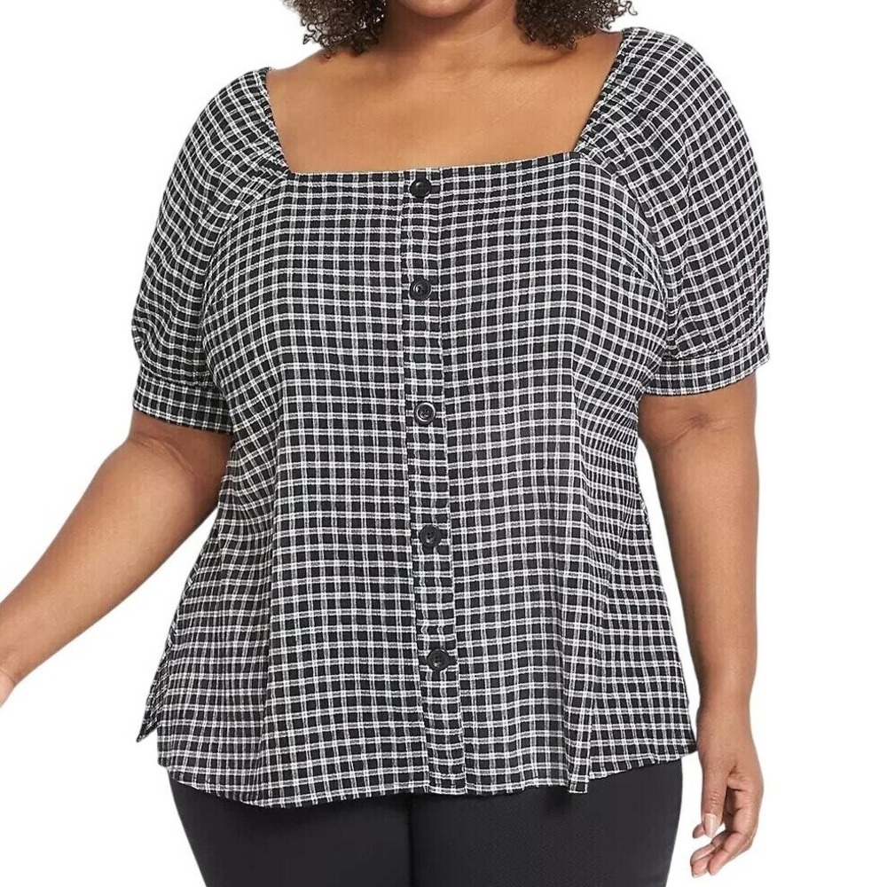 Lane Bryant Womens Sz 24 Top Black/White Puff Sleeve Buffalo Plaid Office NEW